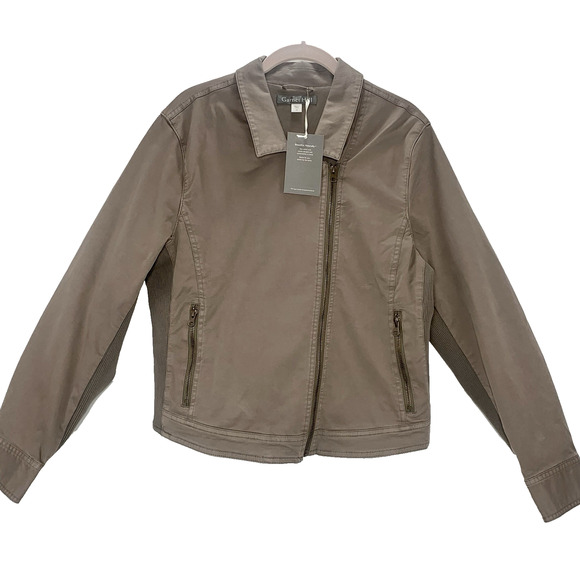 GARNET HILL Organic Cotton Moto Jacket 10 Army Green Asymmetric Zip Ribbed NWT - Picture 1 of 8